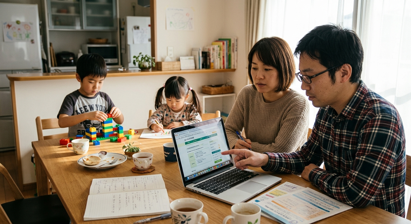 子どもの教育費を計画する日本人家族